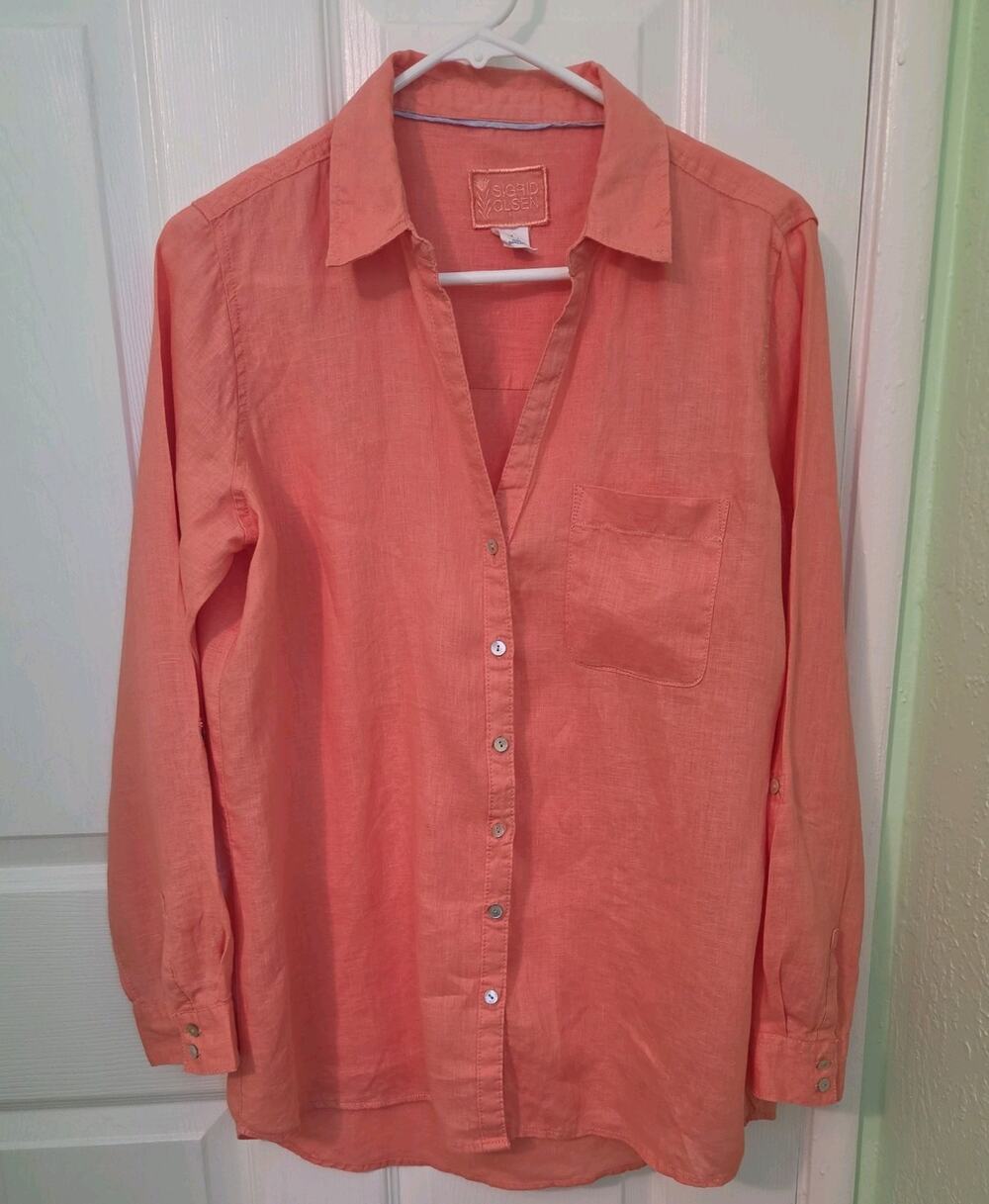 Sigrid Olsen Linen Button Up Tunic Top Coral Roll Tab Sleeve Coastal Medium